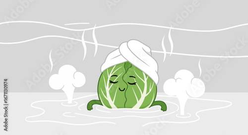 Relaxed Cabbage Enjoying Spa Day With Funny Expression And Cozy Towel
