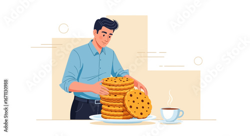 Man Arranging Stacked Cookies And Coffee Cup: Homemade Treats And Morning Ritual