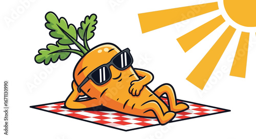 Relaxed Carrot Enjoying Sunshine and Resting, Fun Cartoon Illustration Art Design