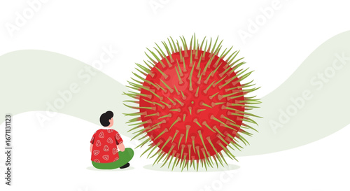 Man Contemplating Massive Red Virus Icon Amidst Pandemic Threatening The World