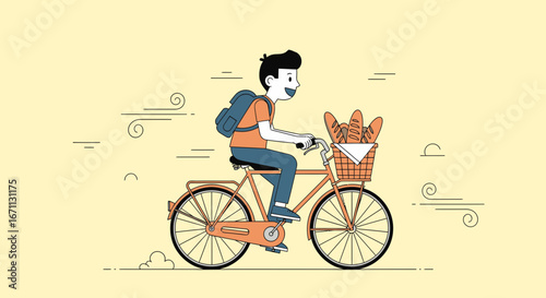 Man Cycling Away With Baguettes In A Basket, Joyful Summer Day Illustration