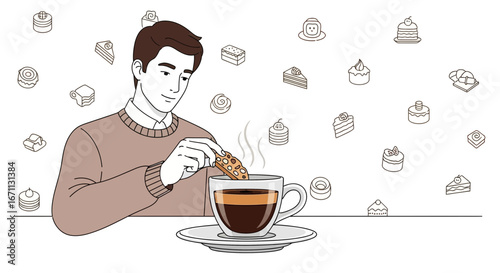 Man Enjoying Coffee With Cookies Surrounded By Desserts In Minimalist Illustration Style