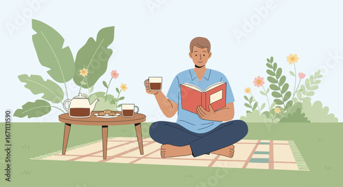 Man Enjoys Reading And Beverages In Tranquil Outdoor Setting At Leisure