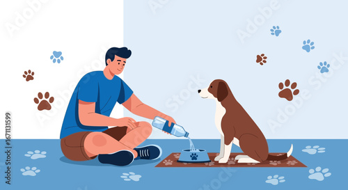 Man Giving Water To Dog, Symbolizing Care And Companionship In A Colorful Illustration