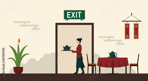 Restaurant Staff Delivering Tea Near an Exit Sign in Vector Illustration Design