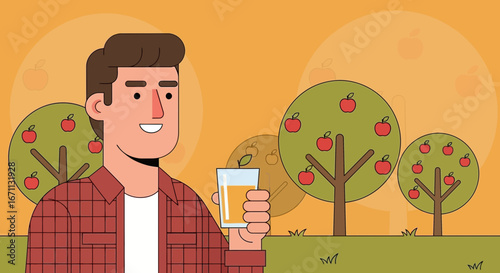 Man Holding Apple Juice Amidst Orchard Trees Enjoying Refreshing Summertime Drink
