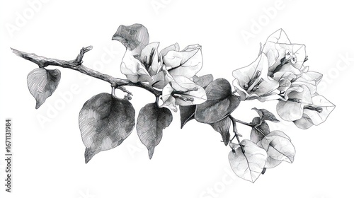 Detailed pen and ink drawing of a flowering bougainvillea branch against white background