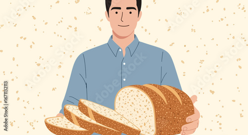 Man Holding Freshly Baked Sliced Bread, Offering A Warm And Appealing Treat