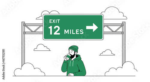 Road Trip Beverage Pause Under Highway Exit Sign: A Moment's Respite and Refreshment