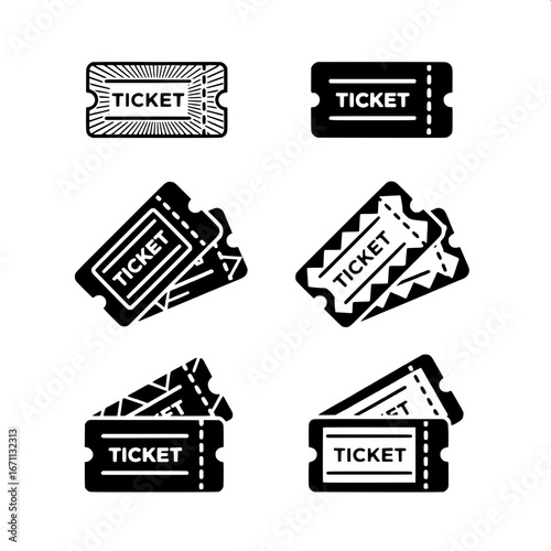 Variety of stylized ticket graphics, illustrating the fundamental concepts of entry, admission, and passes for leisure activities, cultural events, and entertainment