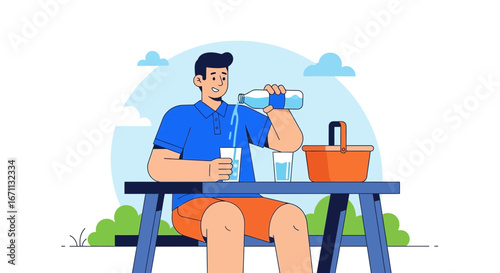 Man Pouring Water Into Glass During A Leisurely Outing, Refreshment And Recreation