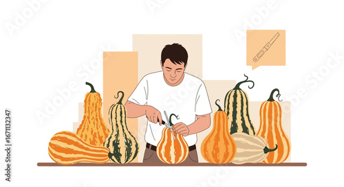 Man Preparing A Variety Of Pumpkins For Culinary Dishes Harvesting And Gardening Illustrated