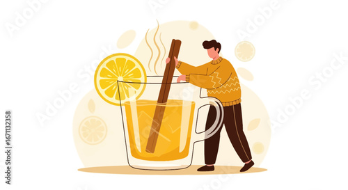 Man Preparing Citrus Drink With Cinnamon And Steaming Vapors, A Refreshing Beverage