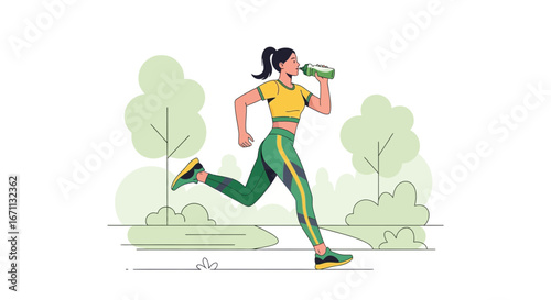 Runner Hydrating During Exercise Surrounded by Lush Greenery in Vector Illustration