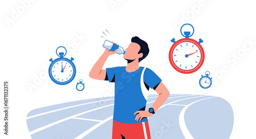 Runner Takes Break, Refreshes With Water While The Stopwatch Measures Time Elapsed