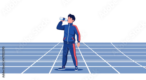 Runner Resting And Hydrating While Standing On Training Track With Water Bottle