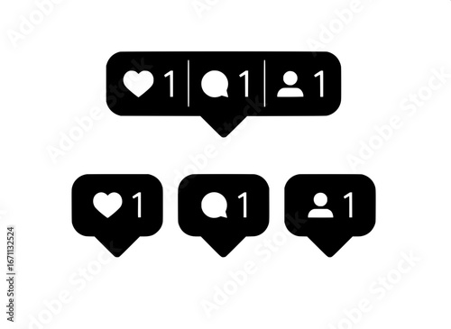 A set of monochrome social media notification icons for new like, comment, and follower alerts. Vector graphic symbols for digital communication and online engagement