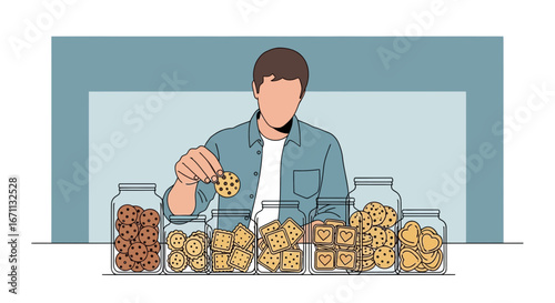 Man Selecting Cookie From Assortment Of Jars With Biscuit Varieties Delicacies