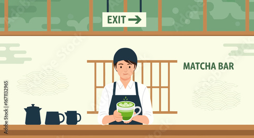 Matcha Barista Presenting Delightful Beverage In A Cozy, Minimalist Japanese Setting