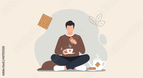 Meditation And Relaxation With Tea And Biscuit In A Moment Of Solitude