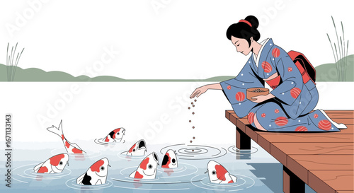 Serene Moment: Japanese Woman Feeding Koi Fish at Waterfront with Peace