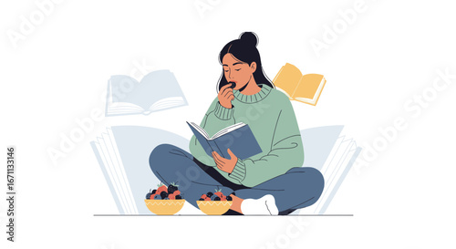 Serene Reading Moment Depicted, Enjoying Fruits and Leisure, Relaxation Personified Comfortably
