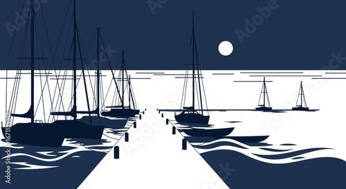 Serene Sailboat Silhouette Scene Under A Moonlit Evening Sky At The Dock