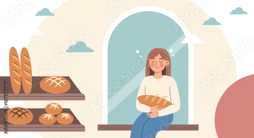 Serene Woman Enjoys Freshly Baked Bread in a Bright, Peaceful Domestic Setting