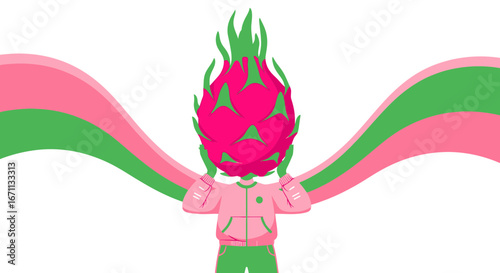 Modern Dragonfruit-Headed Figure Gesturing with an Artistic Design And Gradient Background
