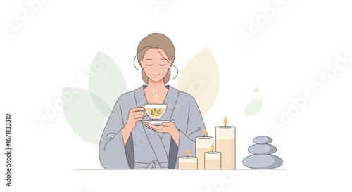 Serene Woman Enjoys Herbal Tea Surrounded by Candles and Zen Stones for Wellness Moments