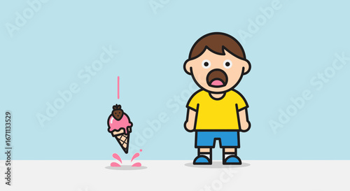 Shocked Child Overlooking Dropped Ice Cream, A Disappointment of Summer