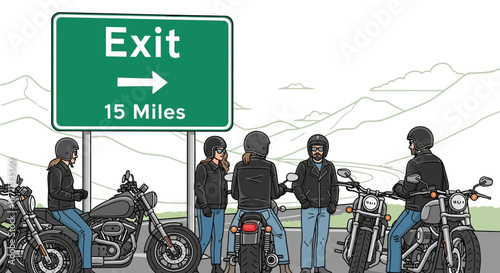 Motorcyclists Gather Near Exit Sign Signaling Upcoming Road Trip Adventures