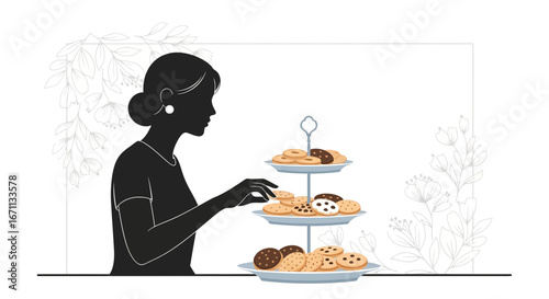 Silhouette Of Woman Selecting Cookies From A Tiered Dessert Stand Minimalist Design