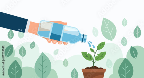 Nurturing The Green: Watering A Plant, A Symbol Of Growth And Sustainability