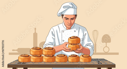 Skilled Baker Artfully Inspecting Freshly Baked Cinnamon Rolls On A Cooling Rack