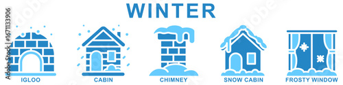 Winter dual tone icons set. contain igloo, cabin, chimney, snow cabin, frosty window and more. Vector for modern concept digital or print, car service, auto garage UI, UX, web and app development.