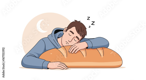 Sleeping Man Embracing Loaf of Bread in a Cozy Setting with Moon Illustration