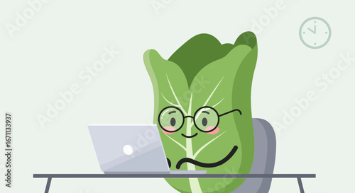 Smart Lettuce Working Diligently on a Laptop Computer near a Clock in a Clean Office Space