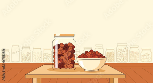 Organized Nutritious Foods: Healthy Selection of Preserved Pantry Staples in Jars