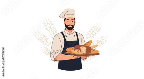 Smiling Baker Displaying Freshly Baked Bread on a Wooden Platter Illustration Vector