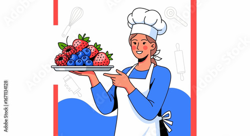 Smiling Baker Holding Berries on Plate Shows Dessert, Happy Baker Illustration