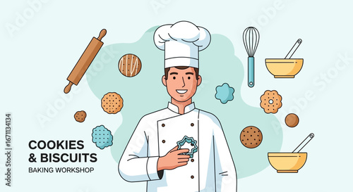 Smiling Baker Holding Cookie Cutter Illustrating Baking Workshop With Dessert Decorations