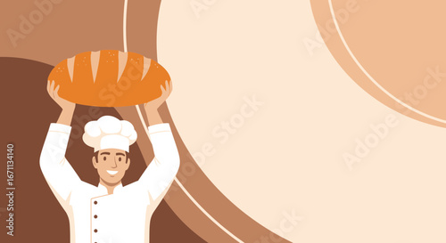 Smiling Baker Holding Freshly Baked Bread Above His Head With Modern Illustrative Design