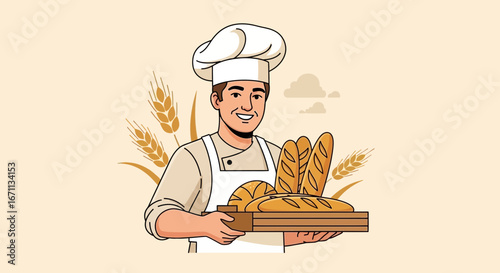Smiling Baker Holding Freshly Baked Bread, Displaying Culinary Craftsmanship, Food Industry