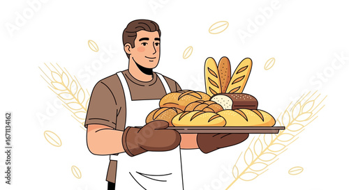 Smiling Baker Holding Freshly Baked Loaves on a Tray Ready to Be Served