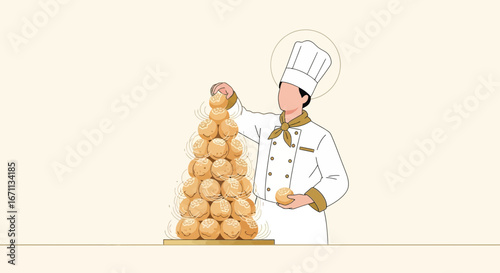 Pastry Chef Crafting Tower Of Sweet Cream Puffs For Culinary Display
