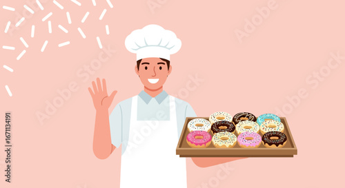 Smiling Baker Holds Donuts, Ready To Share Pastries For A Delicious Sweet Treat
