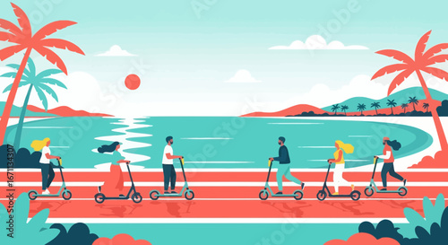 People Enjoying Scenic Scooter Ride Along Beachfront During Sunny Day Celebration
