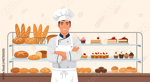 Smiling Baker Proudly Posing In His Bakery Displaying Fresh Baked Goods and Confections