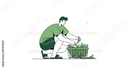 Person Arranging Fresh Garden Vegetables, Simple Minimalist Illustration Of Daily Living